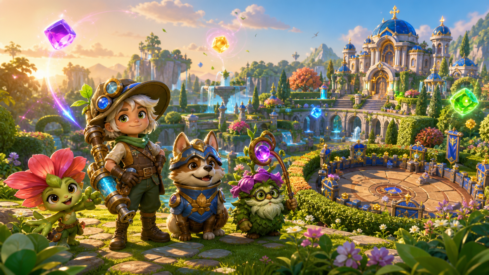 Original colorful 3D mobile game heroes overlooking a magical garden kingdom and friendly battle arena